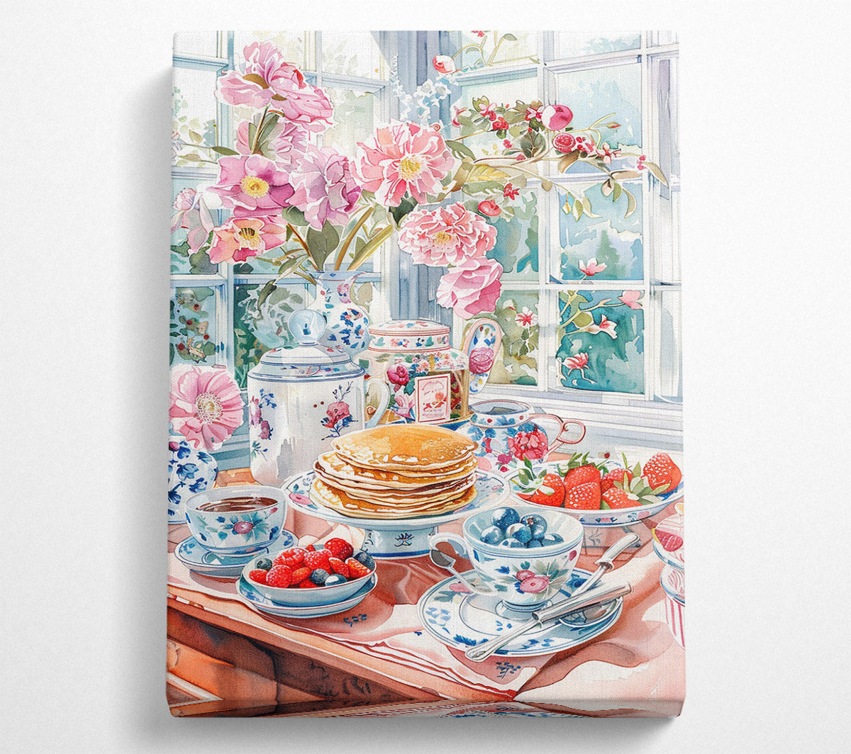 A Still Life With Flowers And Pancakes Canvas Wall Art