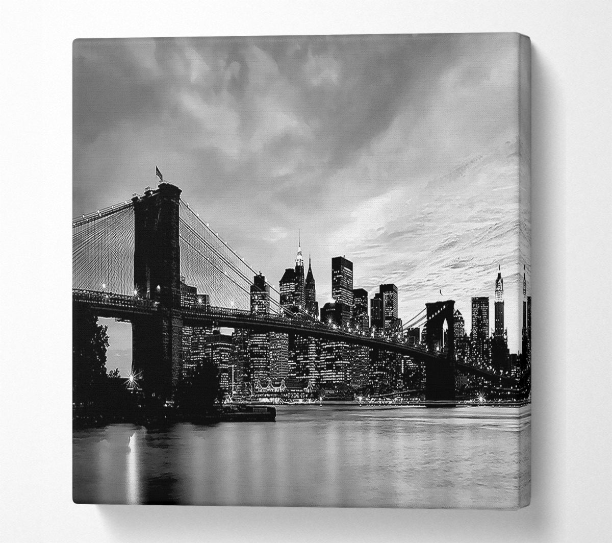 NYC Brooklyn Bridge B n W Cloudy Night Canvas Art