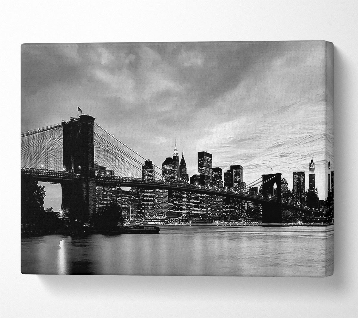 NYC Brooklyn Bridge B n W Cloudy Night Canvas Art