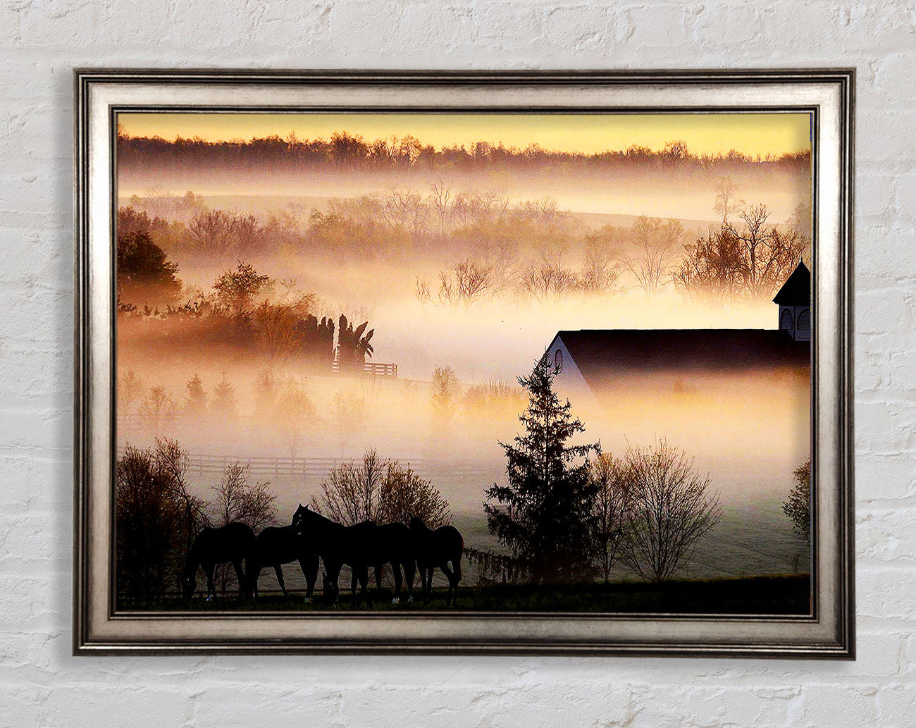 Horses In The Morning Mist Framed Print