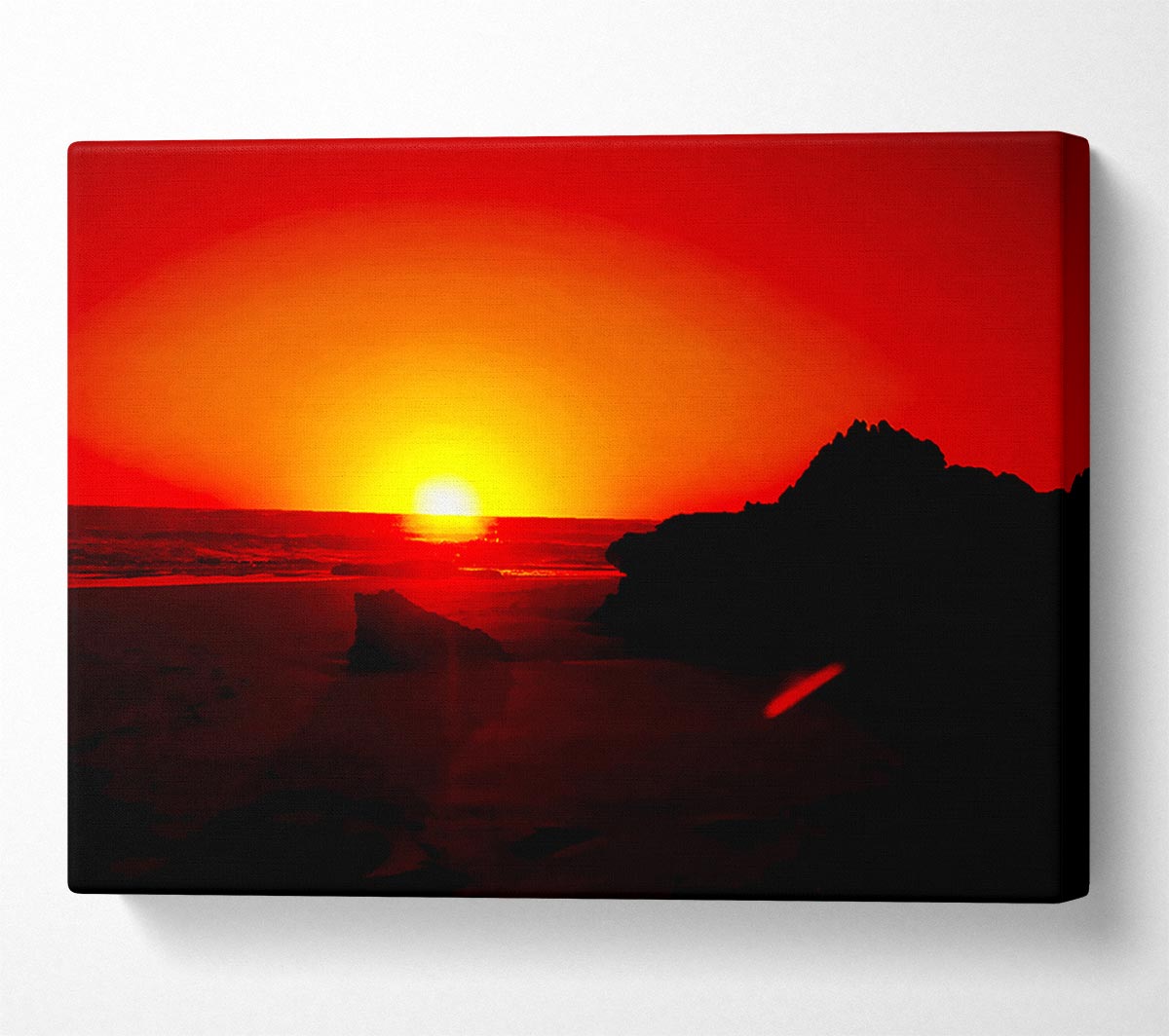 Red Rocky Ocean Sun Blaze Canvas Wall Art