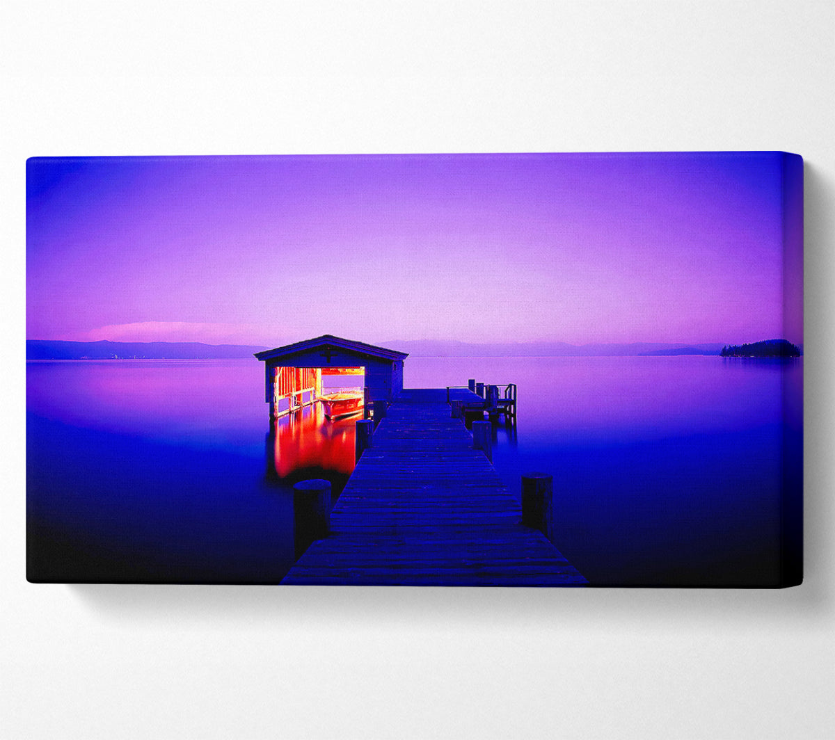 Tranquil Lake Boat House Purple Canvas Wall Art