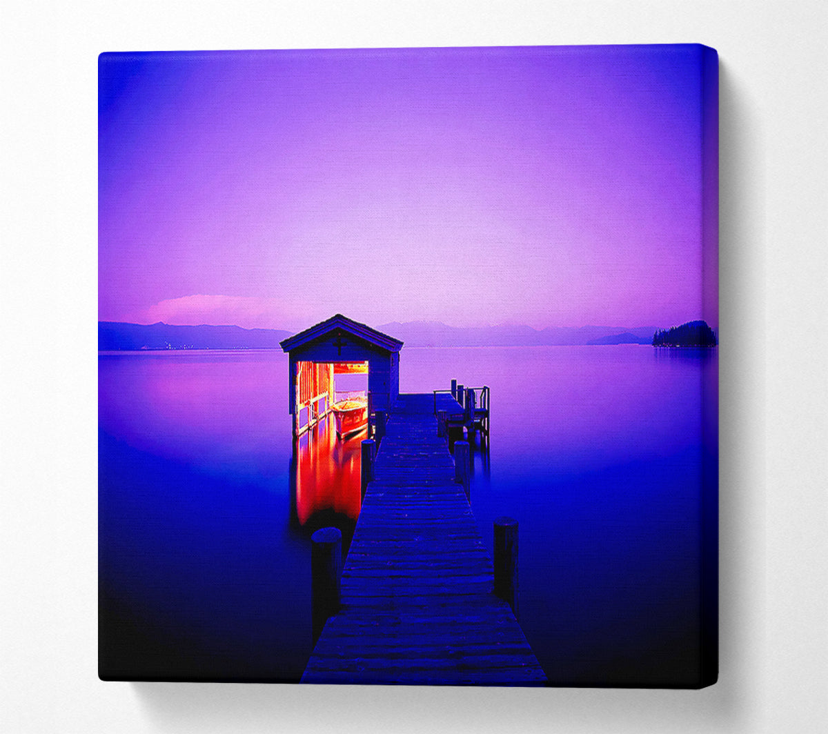 Tranquil Lake Boat House Purple Canvas Wall Art