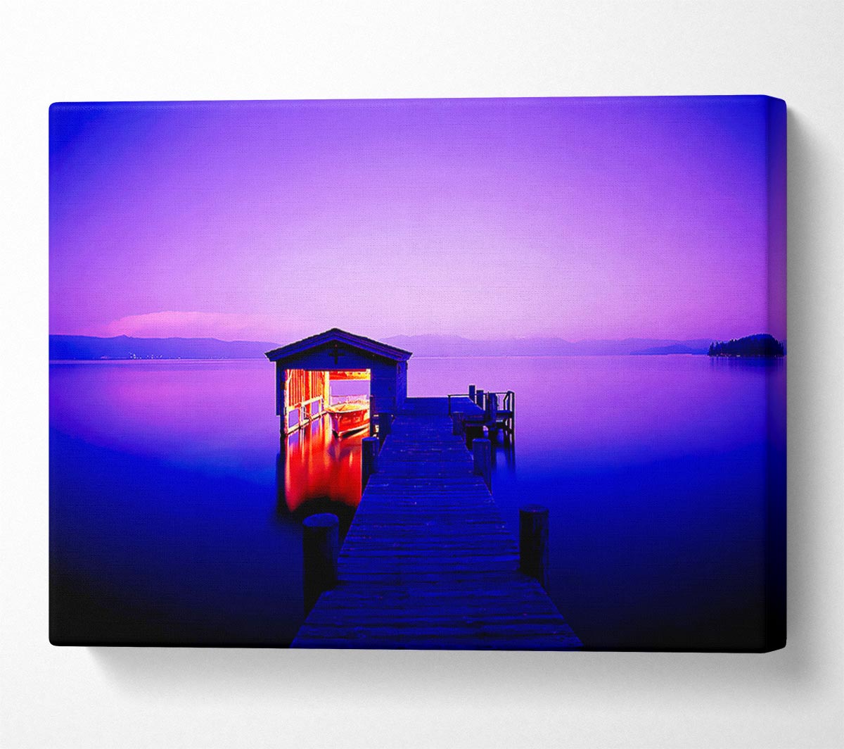Tranquil Lake Boat House Purple Canvas Wall Art