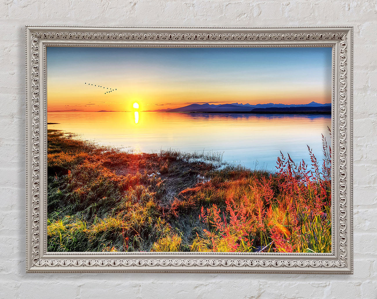 Migratory Birds Flying Over The Mountain Lake Framed Print