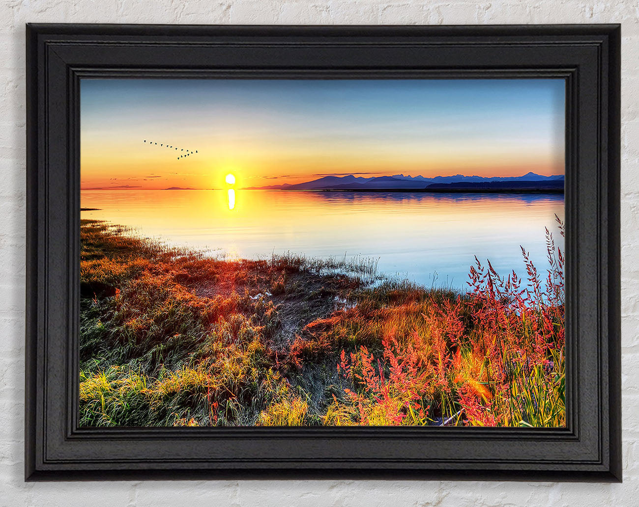 Migratory Birds Flying Over The Mountain Lake Framed Print
