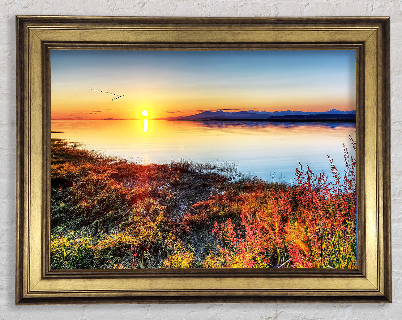 Migratory Birds Flying Over The Mountain Lake Framed Print