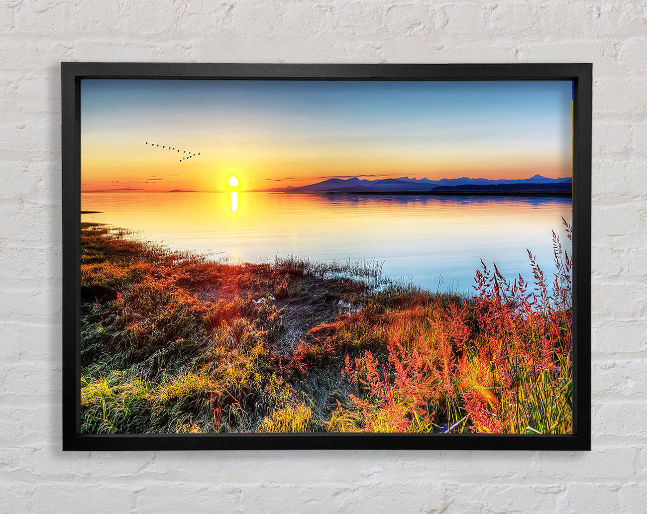 Migratory Birds Flying Over The Mountain Lake Framed Print