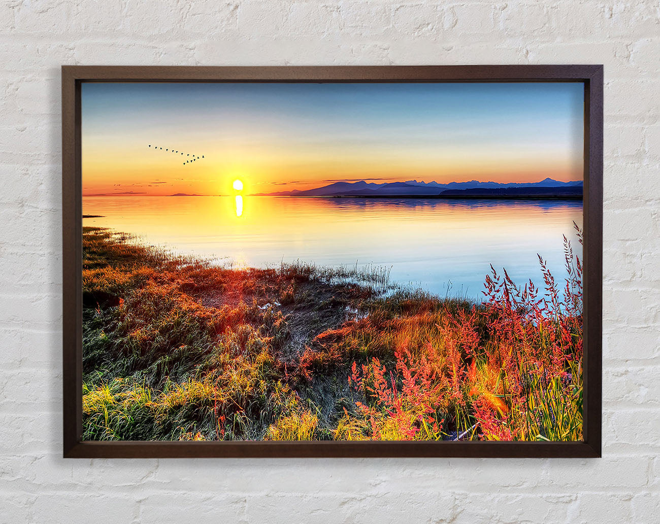 Migratory Birds Flying Over The Mountain Lake Framed Print