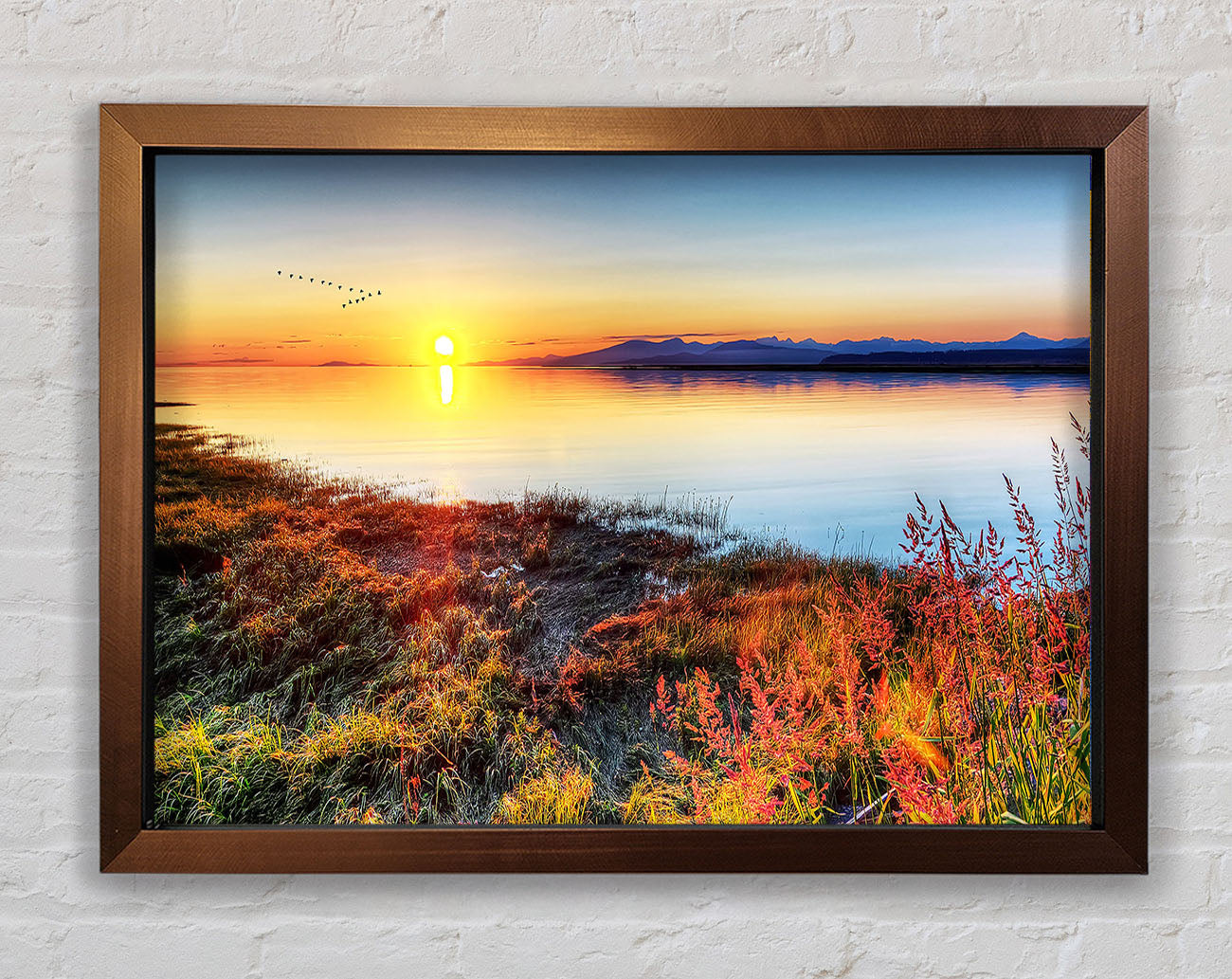 Migratory Birds Flying Over The Mountain Lake Framed Print