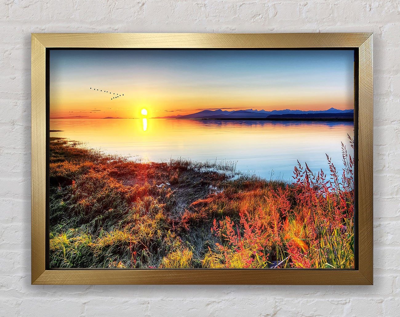 Migratory Birds Flying Over The Mountain Lake Framed Print