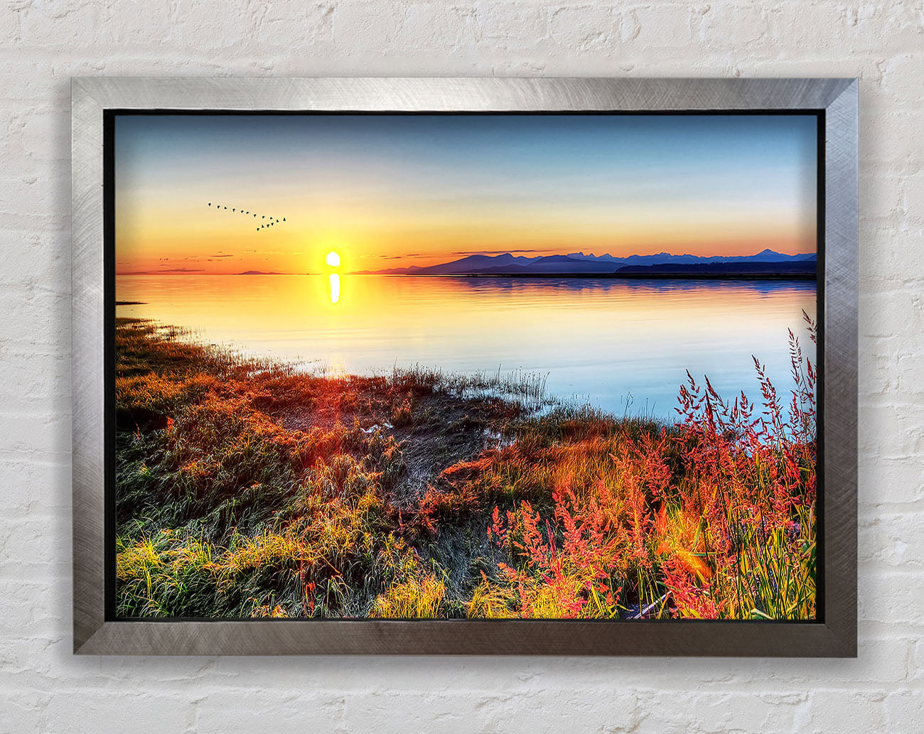 Migratory Birds Flying Over The Mountain Lake Framed Print