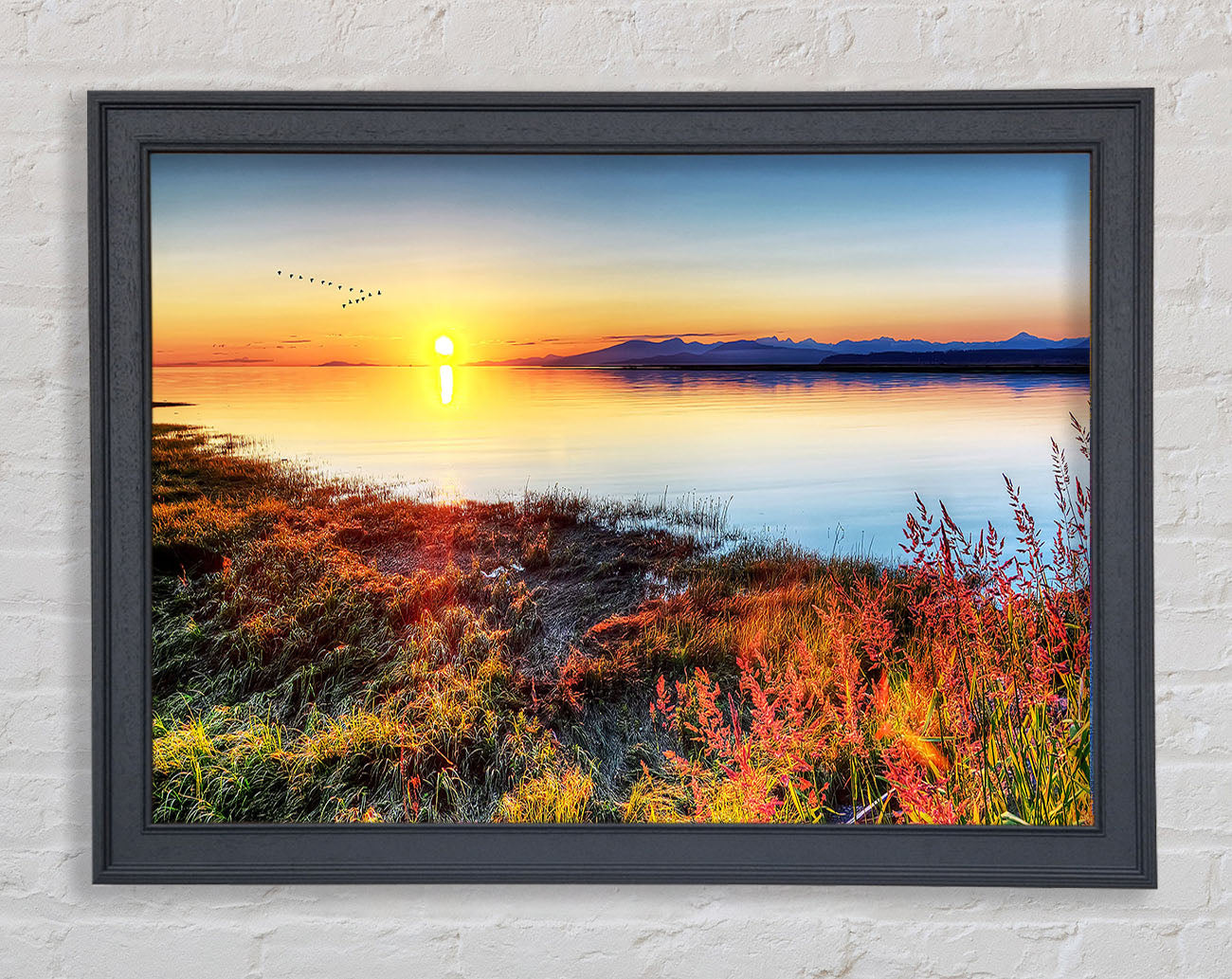 Migratory Birds Flying Over The Mountain Lake Framed Print