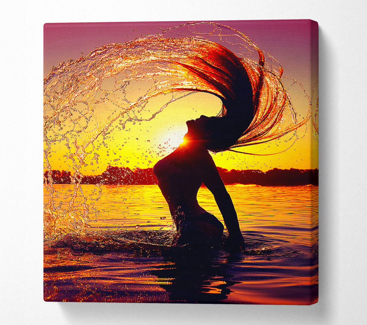 Sunset woman Ocean Splash Canvas Wall Art