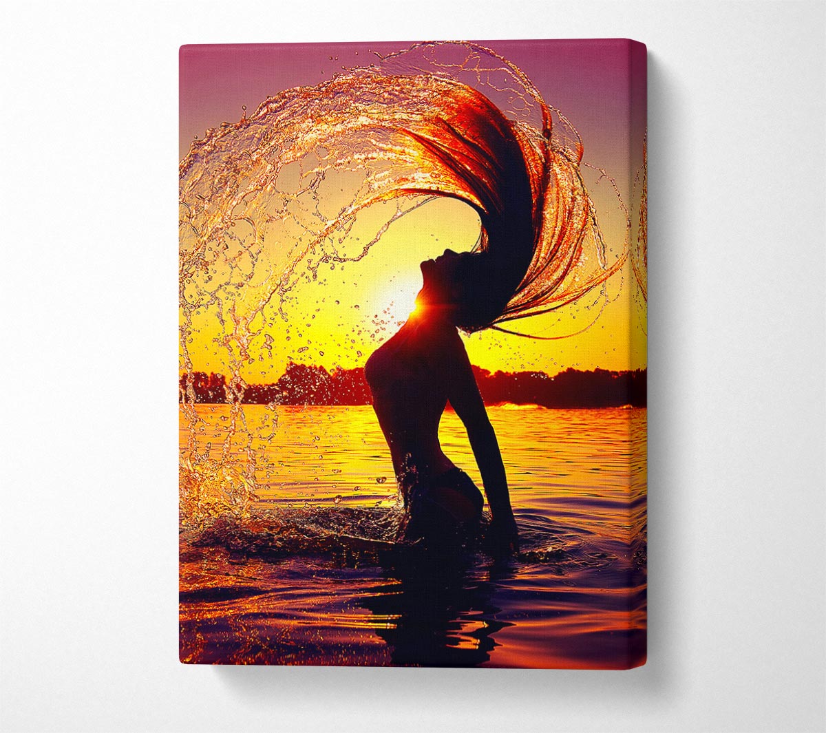 Sunset woman Ocean Splash Canvas Wall Art
