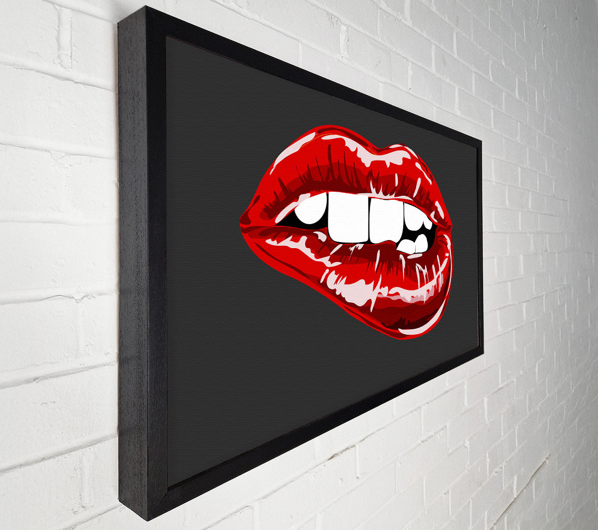 Red Lip Bite On Grey Canvas Wall Art