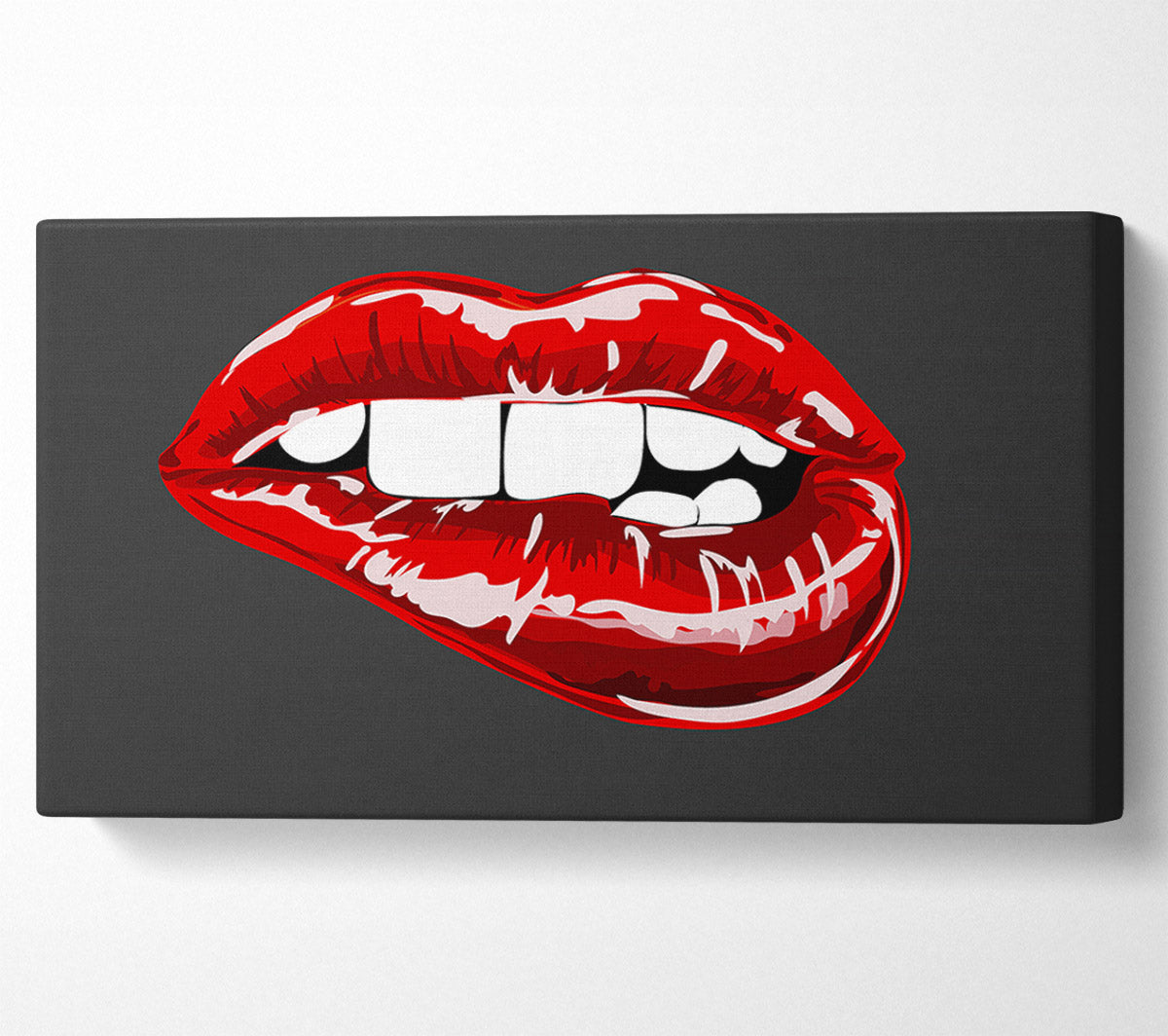 Red Lip Bite On Grey Canvas Wall Art