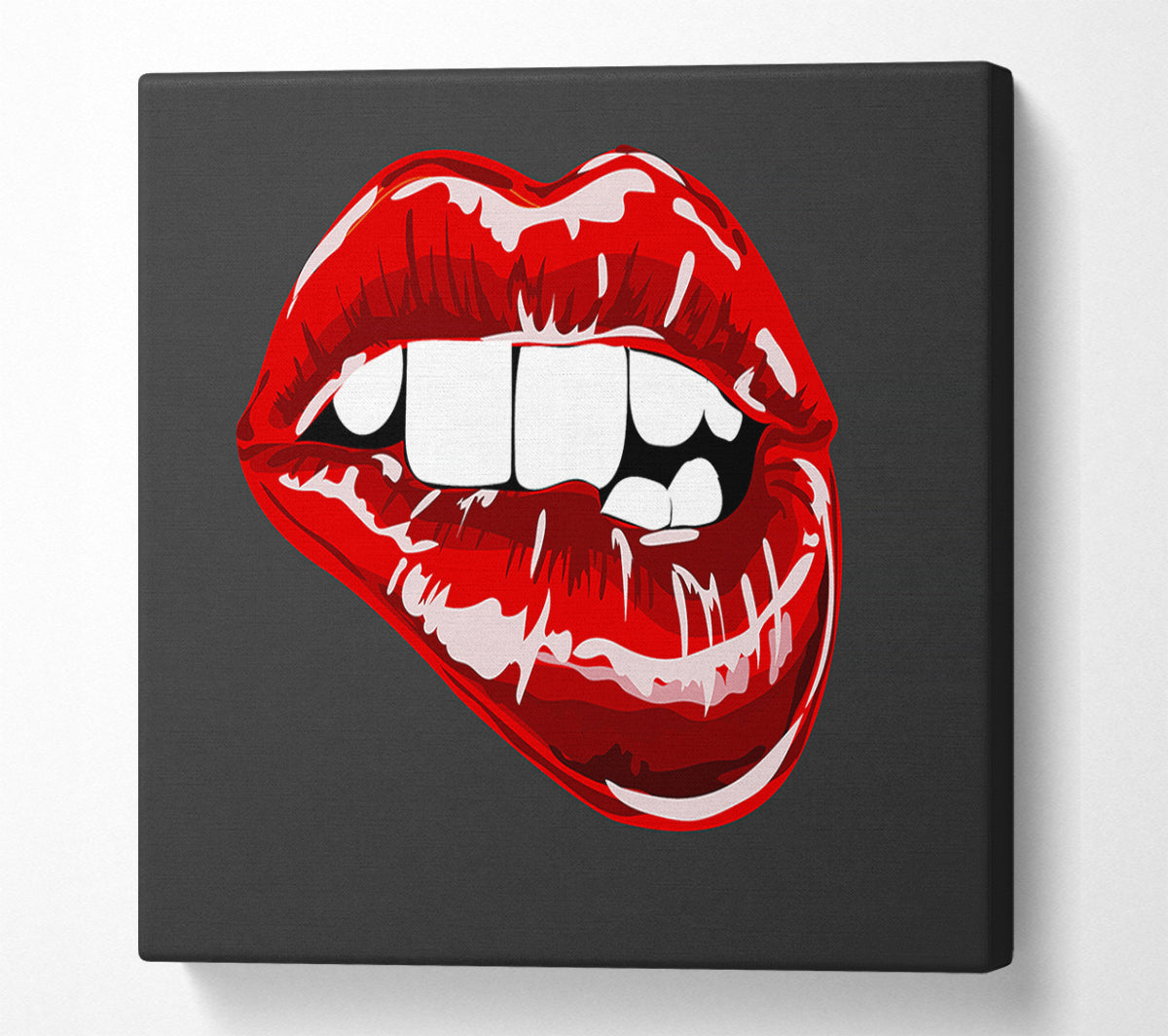 Red Lip Bite On Grey Canvas Wall Art