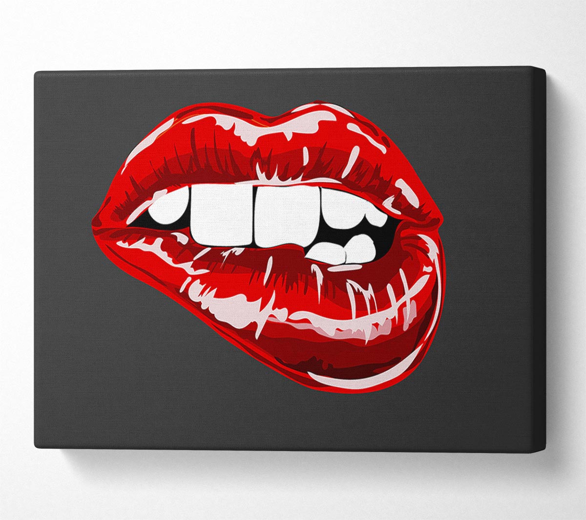 Red Lip Bite On Grey Canvas Wall Art