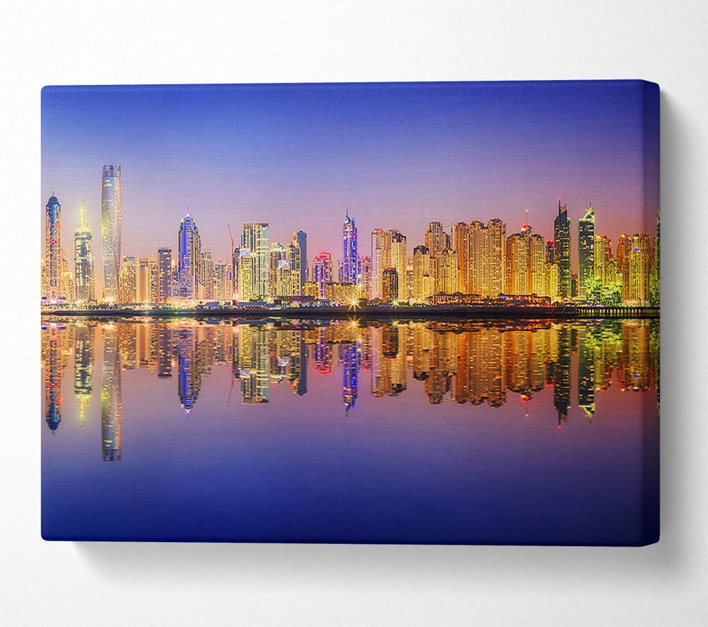 Reflections Of The Colourful City By Night Canvas Wall Art