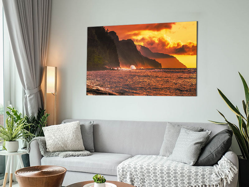 Cliff sunset crashing ocean Metal Print