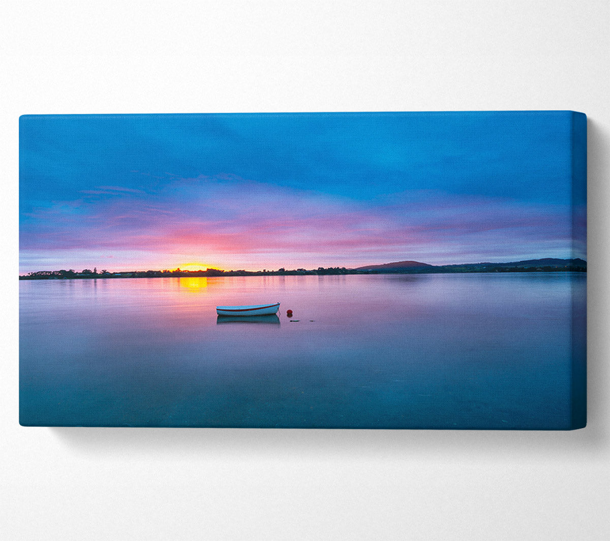 Small row boat on calm lake Canvas Wall Art