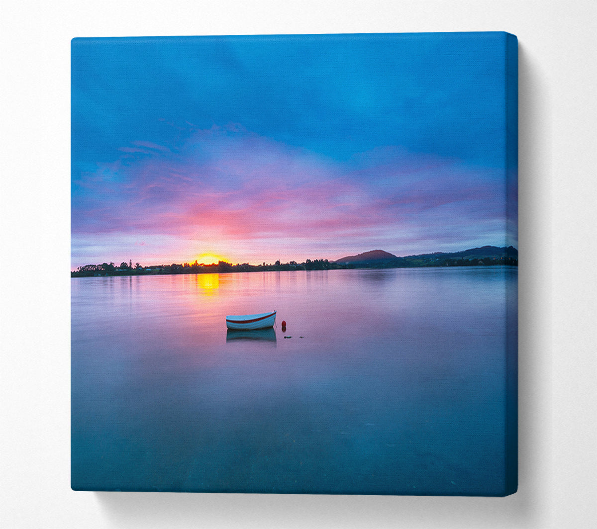 Small row boat on calm lake Canvas Wall Art