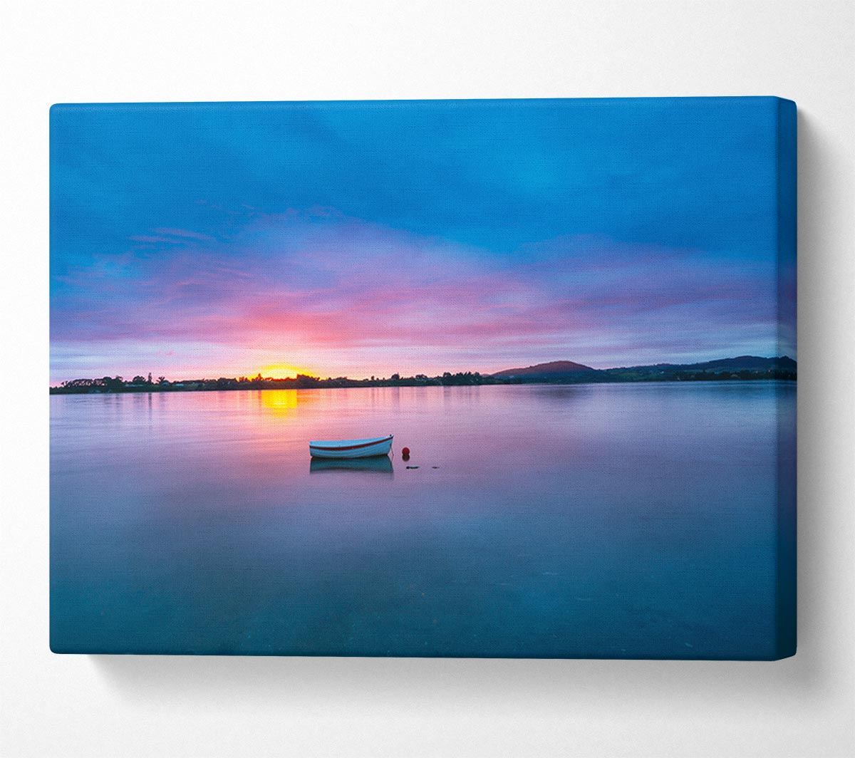 Small row boat on calm lake Canvas Wall Art