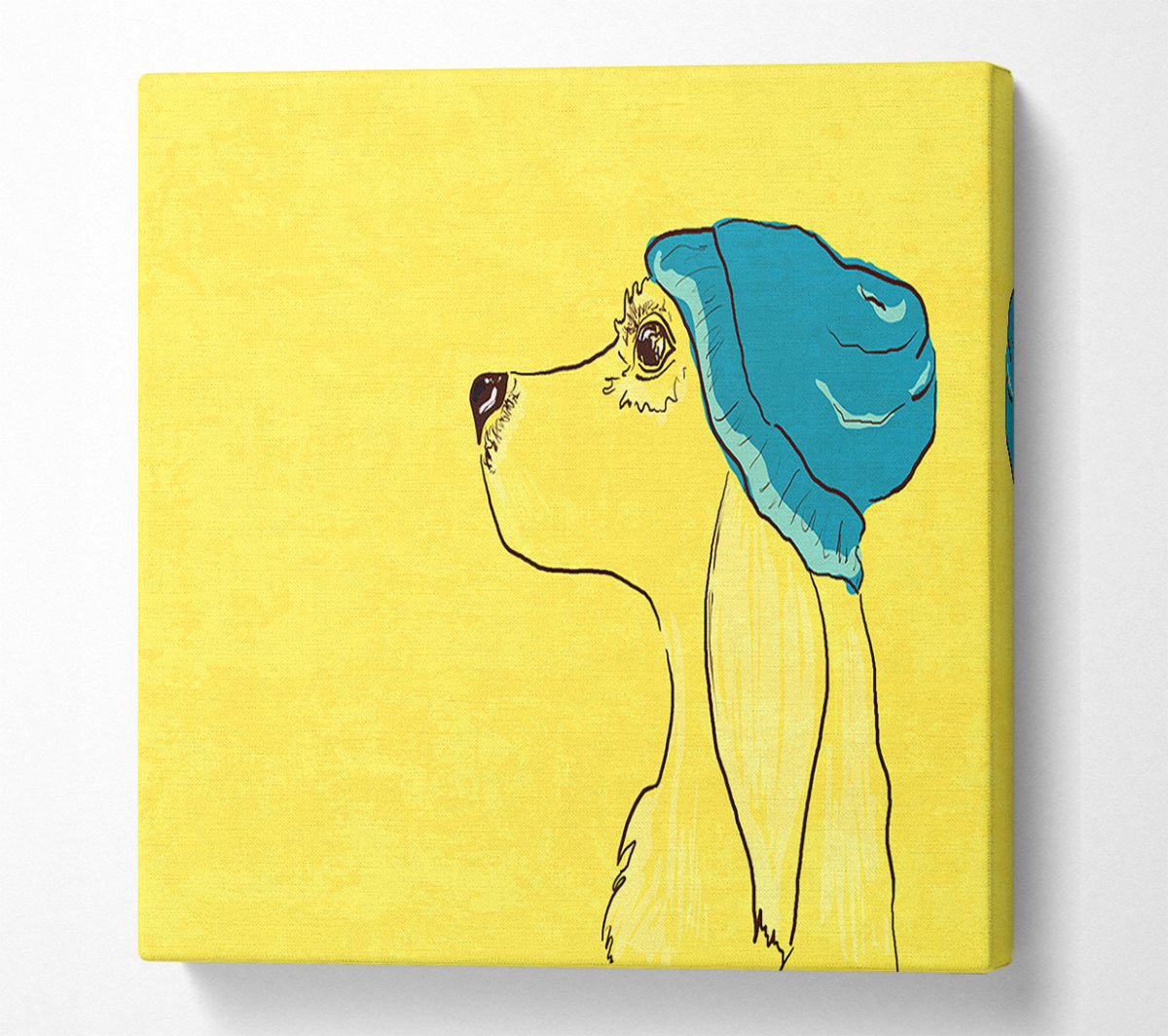 Yellow Dog With Blue Hat Canvas Wall Art