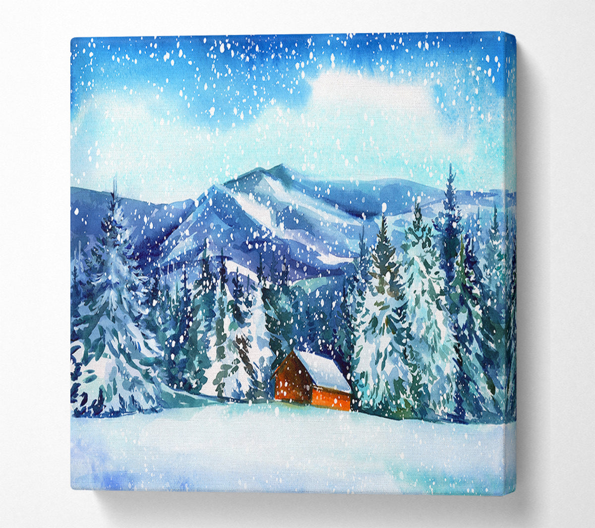 Snowy Cabin In The Mountains Canvas Wall Art