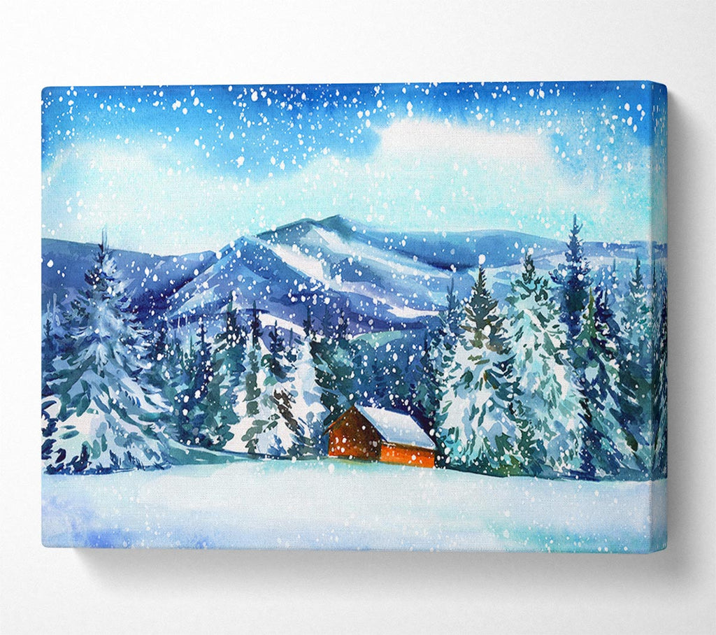 Snowy Cabin In The Mountains Canvas Wall Art