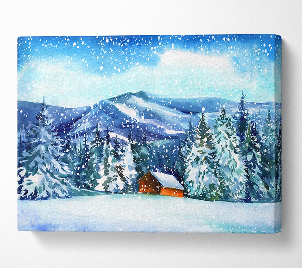 Snowy Cabin In The Mountains Canvas Wall Art