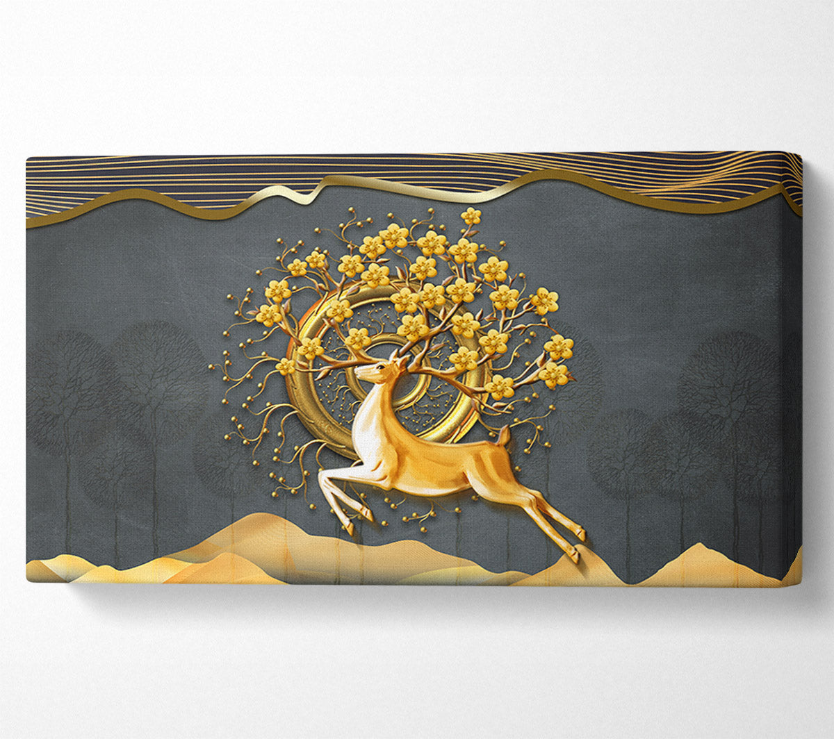 The Gold Flower Stag Tree Canvas Wall Art