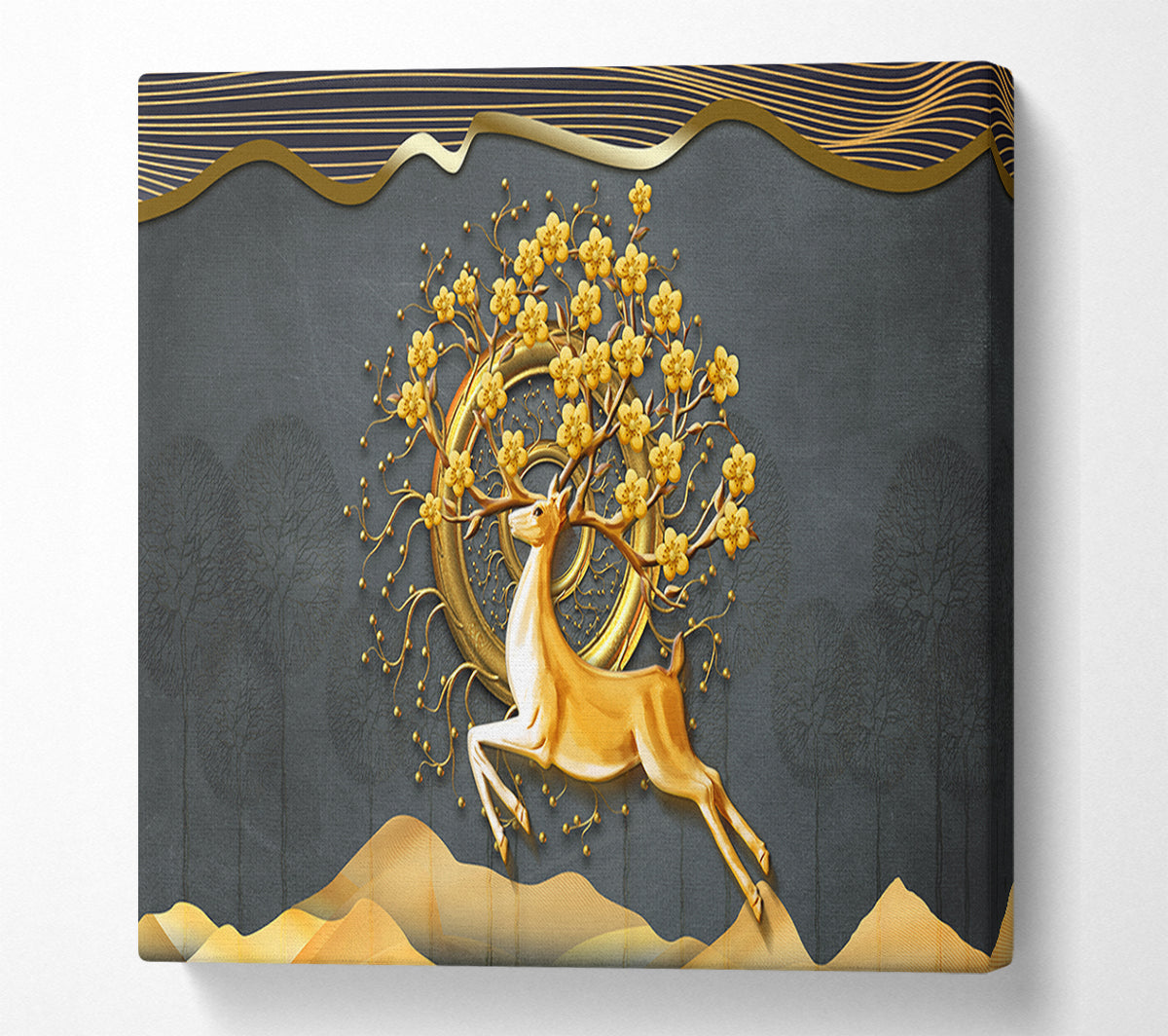 The Gold Flower Stag Tree Canvas Wall Art