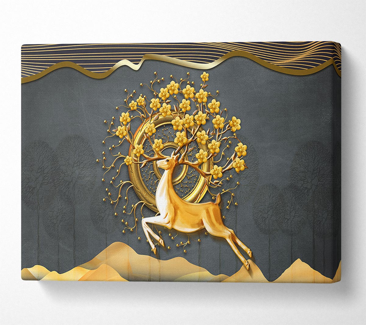 The Gold Flower Stag Tree Canvas Wall Art