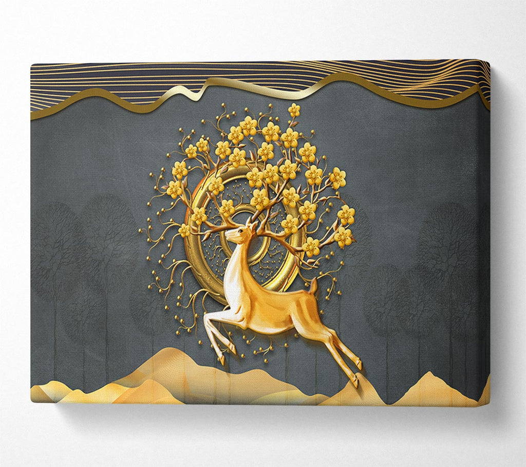 The Gold Flower Stag Tree Canvas Wall Art