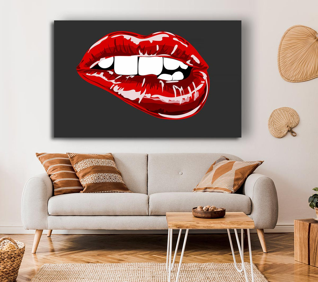 Red Lip Bite On Grey Canvas Wall Art