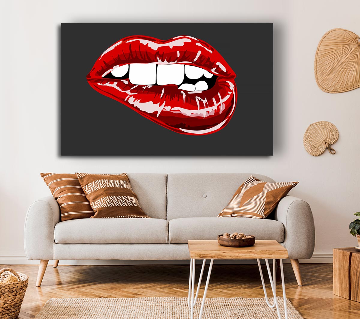 Red Lip Bite On Grey Canvas Wall Art