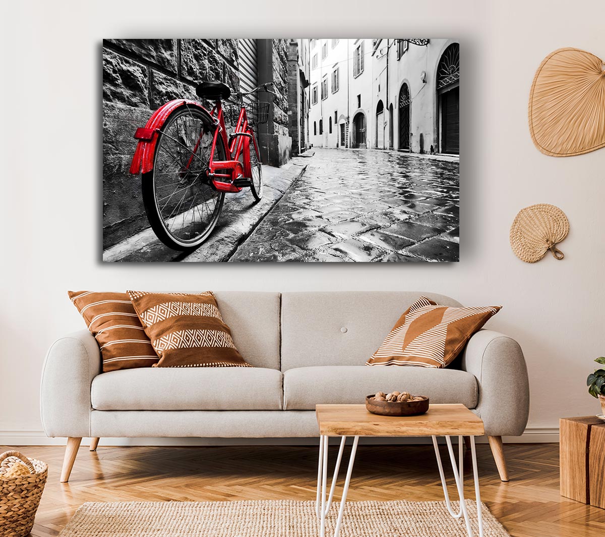 Red Bicycle In The Cobbled Streets Canvas Wall Art