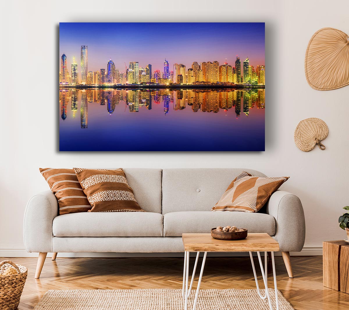 Reflections Of The Colourful City By Night Canvas Wall Art