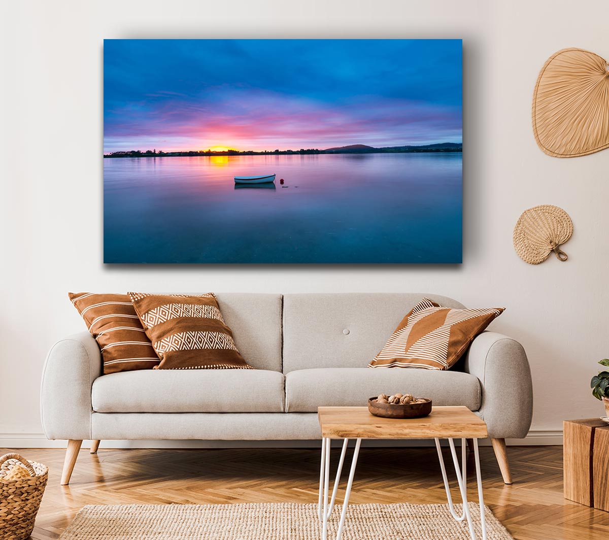 Small row boat on calm lake Canvas Wall Art