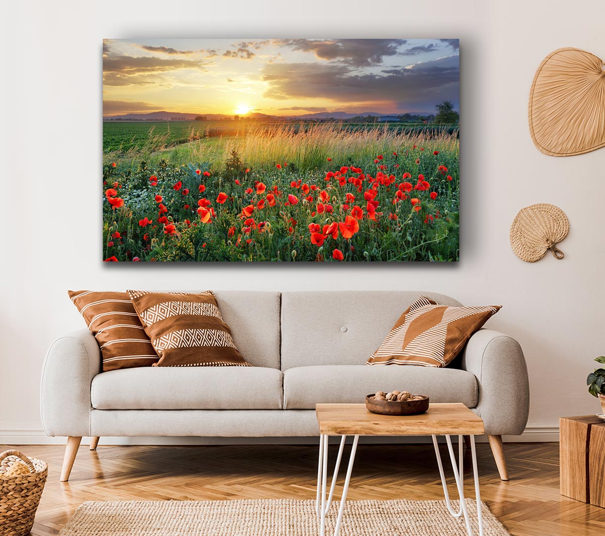 Red poppies in the green countryside Canvas Wall Art