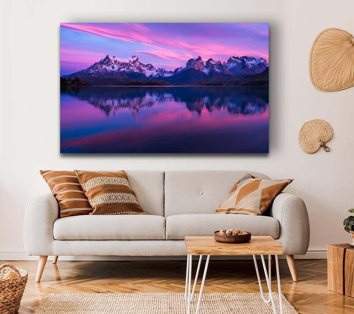 Purple and blue mountains above lake Canvas Wall Art