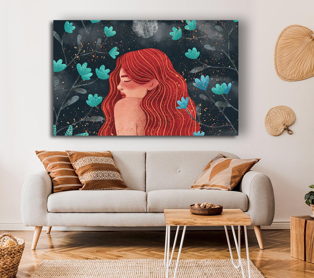 Red Haired Girl Flowers Canvas Wall Art