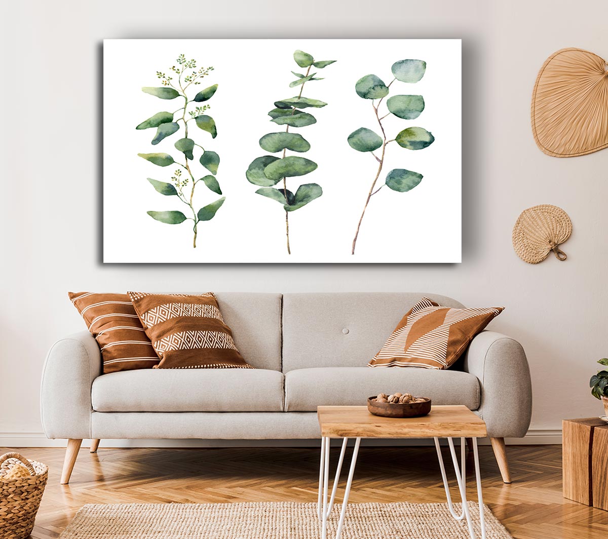 Three Green Foliage Stems Canvas Wall Art