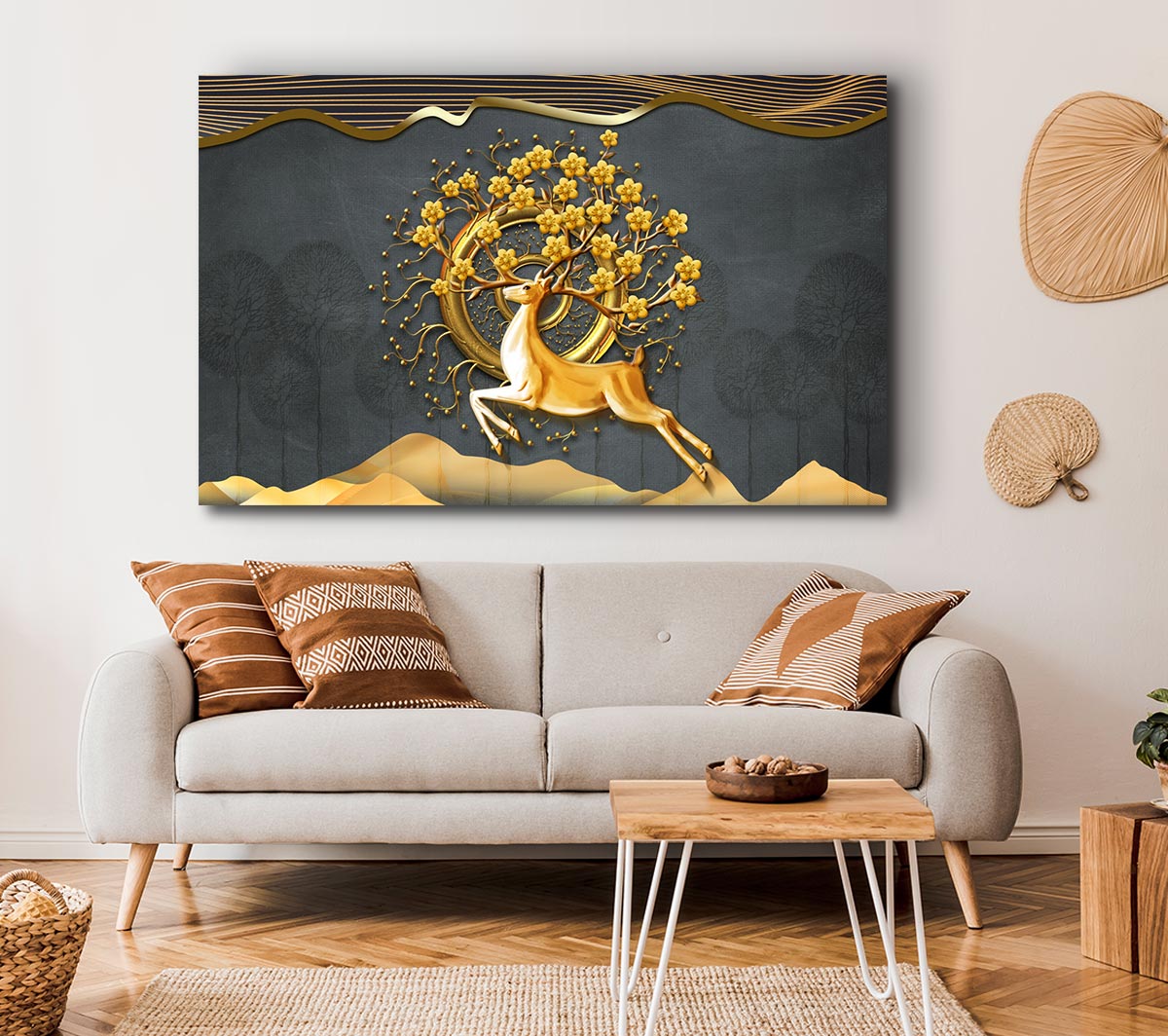 The Gold Flower Stag Tree Canvas Wall Art