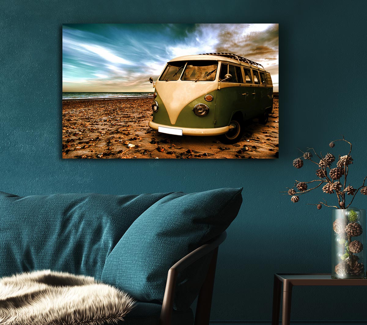 VW Camper Van Green Canvas Wall Art