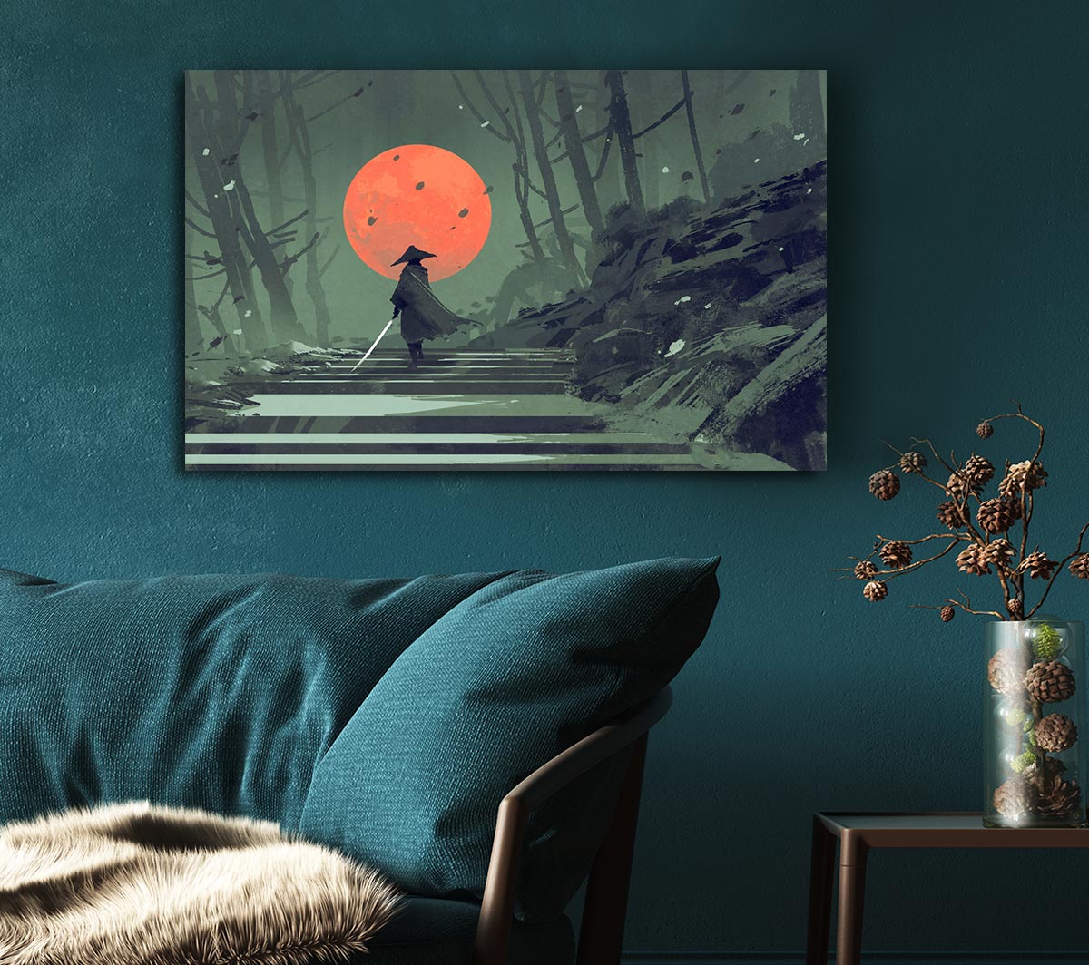Samurai Warrior Sun Canvas Wall Art