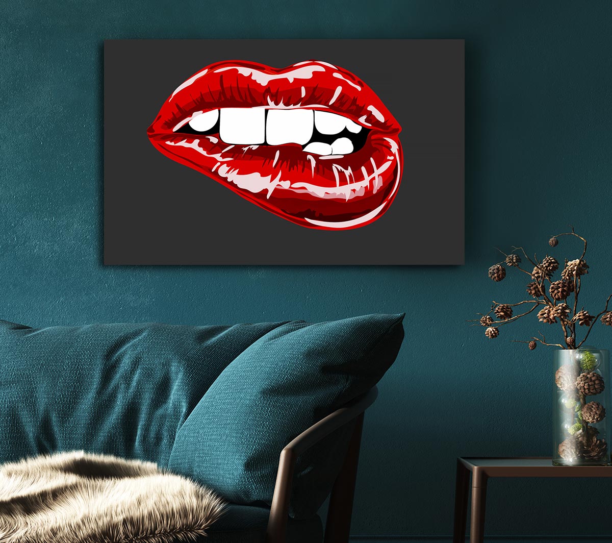 Red Lip Bite On Grey Canvas Wall Art