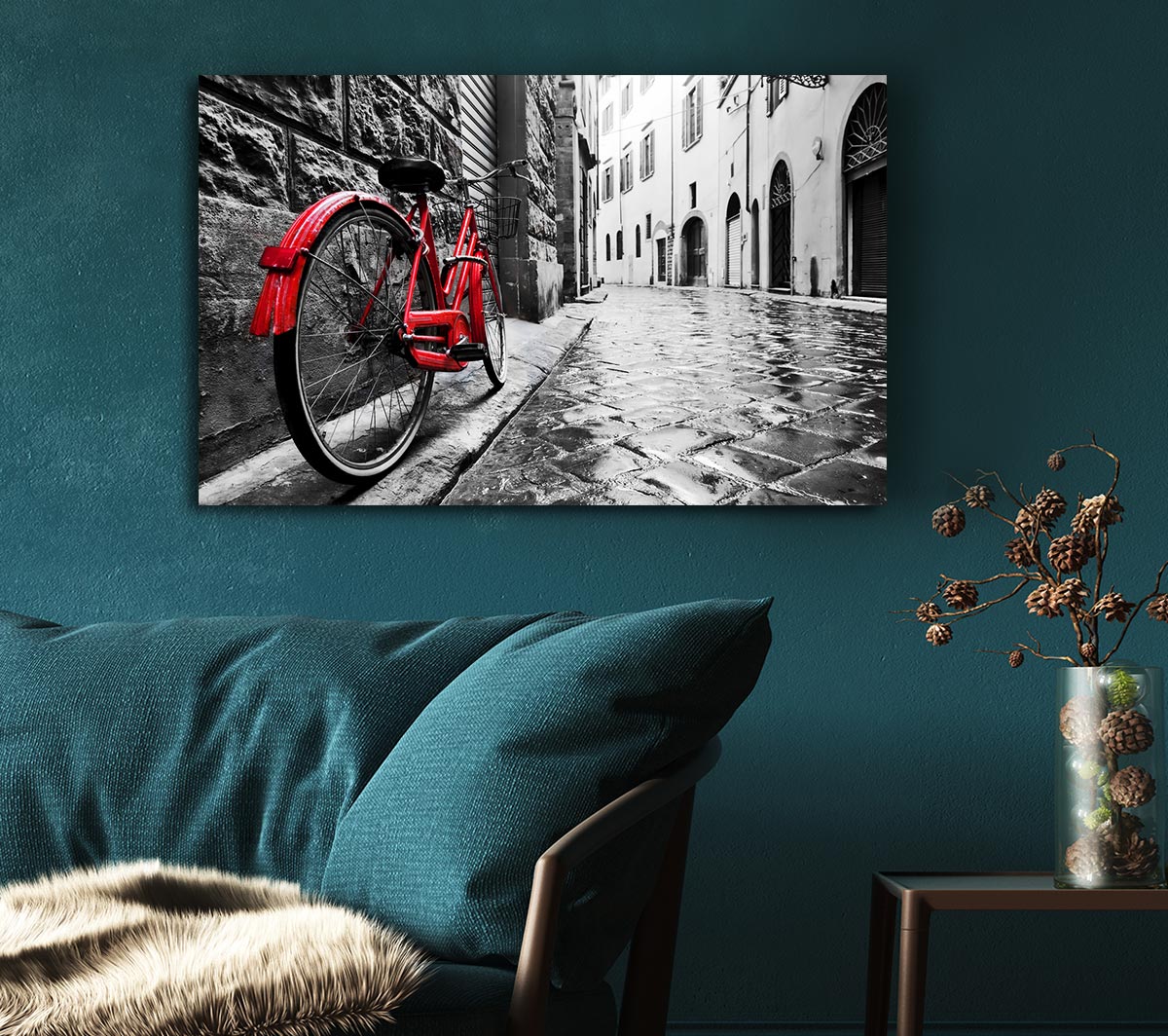 Red Bicycle In The Cobbled Streets Canvas Wall Art